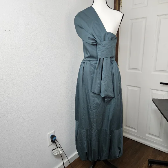 TIBI Eco One Shoulder Dress In Green Size 6 NWT Organic Cotton Party Holiday - Picture 7 of 14